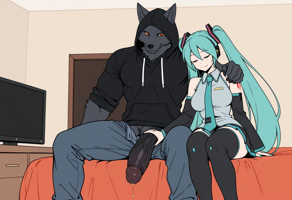 1boy, 1girl, 1girls, 2025, ai generated, anthro, anthro on female, anthro on human, aqua hair, bed, bedroom, big penis, bigtub7775, black fur, black sleeves, breasts, canid, canine, canis, closed eyes, denim, detached sleeves, erection, female, furry, furry male, hand on another's shoulder, hand on penis, hand on shoulder, hatsune miku, headphones, hetero, hood, hoodie, huge cock, human, humanoid penis, indoors, interspecies, jeans, large penis, long hair, male, male anthro/female human, necktie, open fly, pants, penis, penis out, pleated skirt, poney, precum, shirt, sitting, skirt, sleeveless, smile, tattoo, television, thighhighs, twintails, uncensored, veiny penis, very long hair, werewolf, wolf