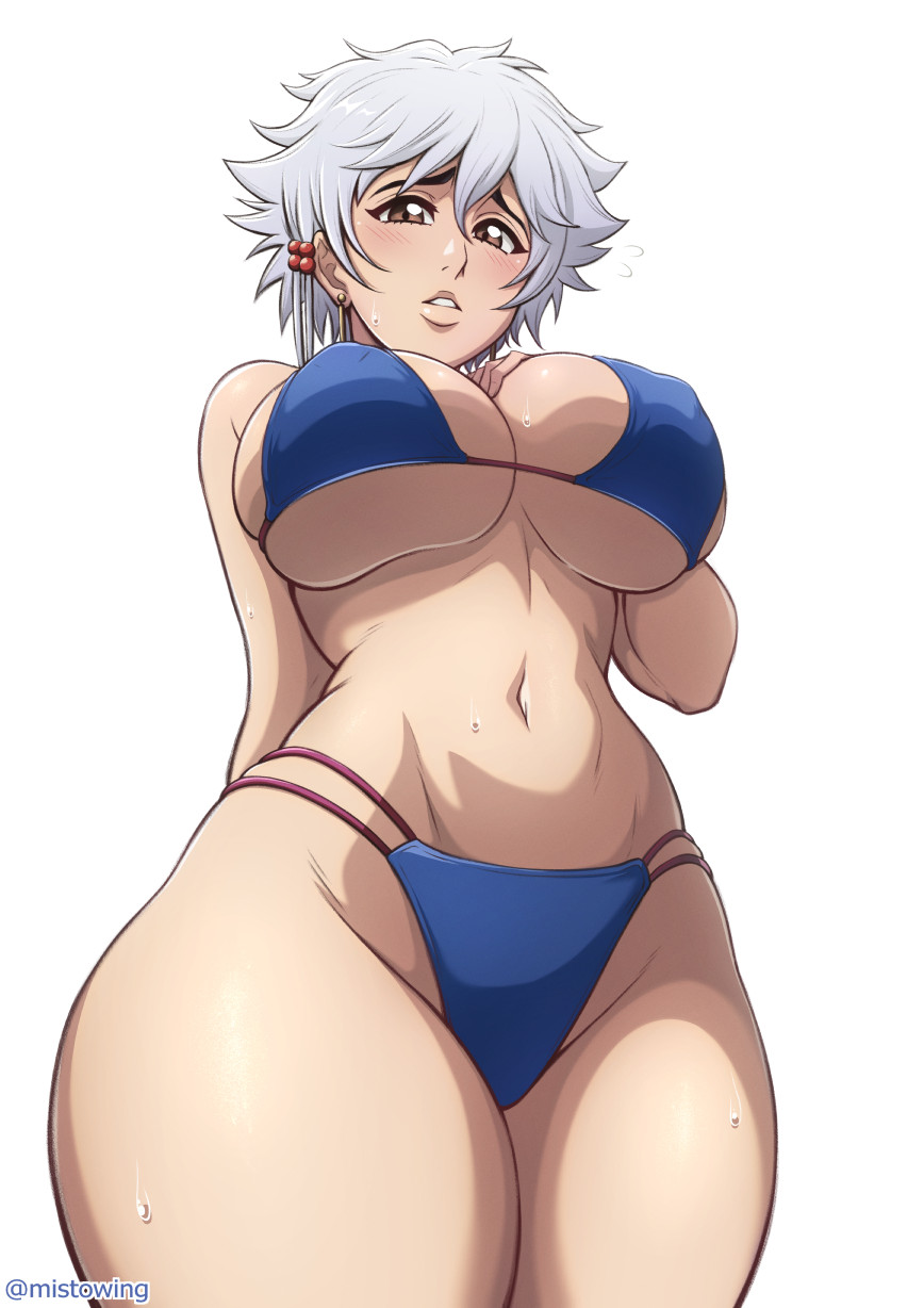 1girls, belly, belly button, big breasts, bikini, bleach, breasts, brown eyes, earrings, female, female focus, female only, fit, fit female, hand on breast, huge breasts, kotetsu isane, light skin, light-skinned female, looking at viewer, mistowing, open mouth, short hair, solo, solo female, sweat, sweatdrop, tagme, thick thighs, thighs, white hair