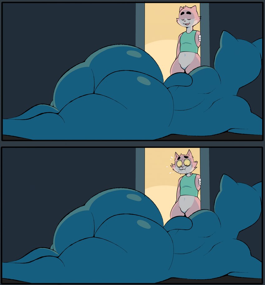 anthro, anthro on anthro, bedroom, big ass, blue body, blue fur, cat, comic, eroborus, eroboss, female, male, mature female, milf, naked, naked female, nicole watterson, roz (erobos), the amazing world of gumball