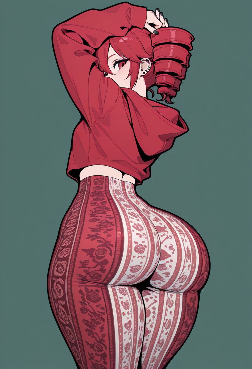 1girls, 2025, 2d, 2d (artwork), ai generated, arms up, ass, ass focus, big ass, bigtub7775, black nails, bubble ass, bubble butt, clothed, clothed female, clothing, cropped hoodie, curvaceous, curvy, curvy female, curvy figure, drill hair, ear piercing, earrings, exposed torso, fat ass, female, female only, flare pants, forbidden pants, fully clothed, green background, high waisted pants, hoodie, huge ass, kasane teto, large ass, light skin, light-skinned female, looking at viewer, looking back, looking down, nail polish, no sex, paag, painted nails, pale skin, pale-skinned female, realistic proportions, red clothing, red eyes, red hair, simple background, solo, solo female, tight clothing, tight pants, twin drills, utau, voluptuous, voluptuous female, wide hips
