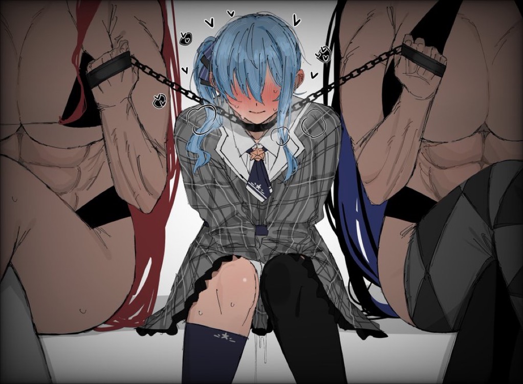 3girls, big breasts, black hair, blue hair, blush, blushing profusely, breasts, carrot 011, chain leash, elizabeth rose bloodflame, female, fit female, hands between legs, hololive, hololive english, hololive english -advent-, hololive english -justice-, hololive gen 0, hololive japan, hoshimachi suisei, huge breasts, imminent sex, leash, leash pull, muscular, muscular female, nerissa ravencroft, pussy, red face, red hair, shy, six pack, toned female, two doms one sub, virtual youtuber, vtuber, wet pussy, yuri