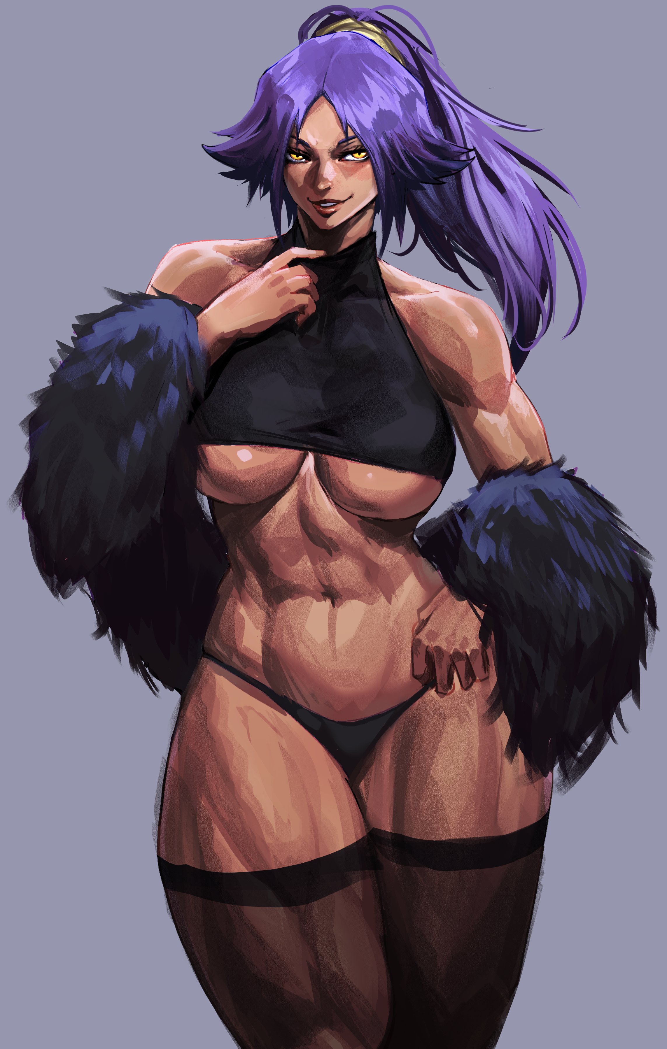 1girls, bleach, breasts, dark skin, dark-skinned female, female, female only, looking at viewer, muscular, muscular female, ponytail, purple hair, shihouin yoruichi, solo, solo female, thick, thick thighs, thigh highs, thighhighs, thighs, underboob, virgoart1509, yellow eyes