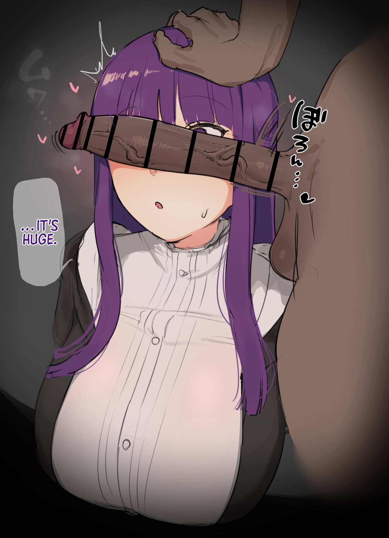 1boy, balls, blunt bangs, breasts, censored, dark penis, dark skin, dark-skinned male, english text, erection, female, fern (sousou no frieren), giga, giga (artist), giga (g1g 4), hand on another's head, interracial, large breasts, large penis, looking at penis, male, penis, penis awe, penis on face, penis over eyes, purple eyes, purple hair, solo focus, sousou no frieren, straight, testicles, text, translated, veins, veiny penis, very dark skin