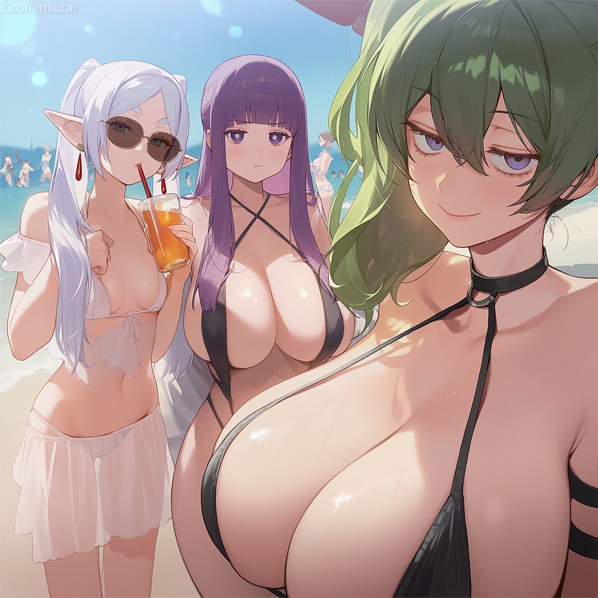 4girls, 6+girls, ai generated, alternate breast size, alternate costume, bare shoulders, beach, bikini, black bikini, black one-piece swimsuit, blue sky, blunt bangs, blush, breasts, cleavage, closed mouth, collarbone, criss-cross halter, cup, day, drinking, drinking straw, drop earrings, earrings, elf, female, fern (sousou no frieren), frieren, frieren beyond journey's end, green eyes, green hair, grey hair, hair between eyes, halterneck, holding, holding cup, huge breasts, jewelry, large breasts, long hair, looking at viewer, male, multiple boys, multiple females, multiple girls, multiple males, mur ai nsfw, navel, o-ring, ocean, one-piece swimsuit, outdoors, parted bangs, pointy ears, purple eyes, purple hair, sand, see-through, sidelocks, sky, slingshot swimsuit, small breasts, smile, sousou no frieren, stomach, sunglasses, swimsuit, tinted eyewear, twintails, ubel (sousou no frieren), white bikini, white hair
