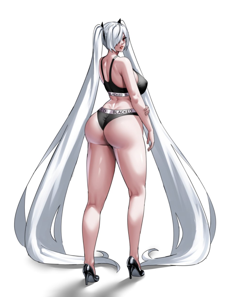 artist name, artist signature, ass, big ass, big breasts, big butt, big legs, big thighs, black bra, black eyelashes, black eyeshadow, black heels, black panties, blacked, blacked clothing, breasts, cinderella (nikke), clothed, female, goddess of victory: nikke, huge ass, huge breasts, huge butt, huge legs, huge thighs, lingerie, lingerie bra, lingerie only, lingerie panties, long hair, looking at viewer, looking back, looking back at viewer, one eye closed, one eye covered, one eye visible, realistic anatomy, realistic breast size, realistic proportions, rear view, red eyes, red lipstick, showing ass, showing breasts, showing off, showing off ass, silver hair, thunder thighs, twintails, white eyebrows, white hair, zinfian