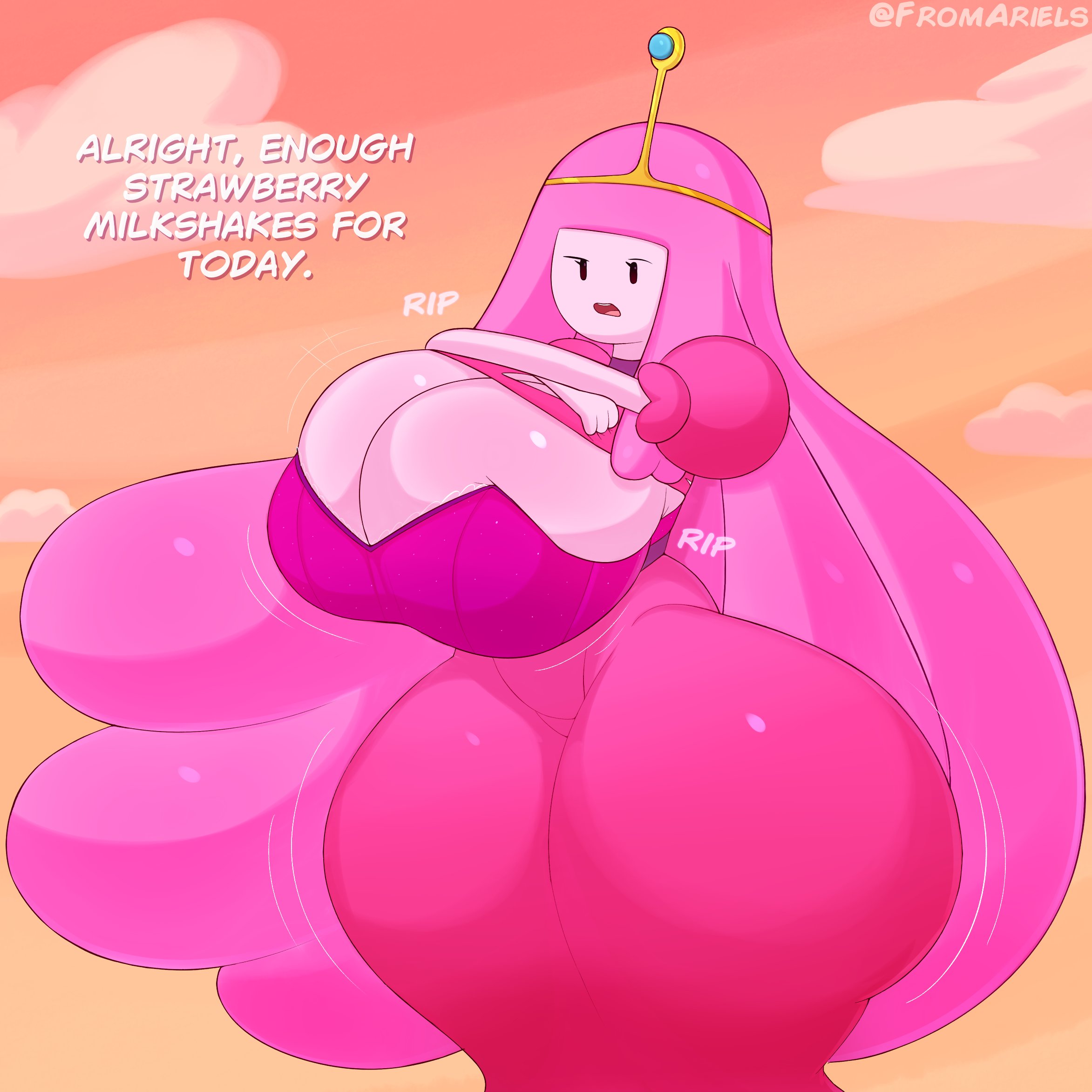 1girls, adventure time, afternoon, annoyed, annoyed expression, bouncing ass, bouncing breasts, breasts, breasts out, cartoon network, dressed, female, fromariels, huge breasts, hyper, hyper breasts, long hair, pink hair, pink skin, princess bubblegum, simple background, tagme, text