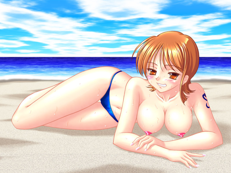 breasts color day female female_only hair hanazuka_ryouji human lying nami nipples one_piece orange_hair outdoors pre-timeskip solo straight_hair tagme tattoo topless