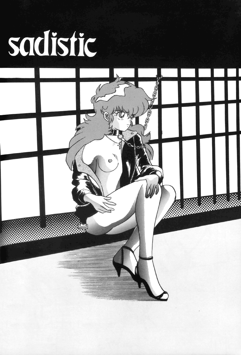 1990s 1993 1girls 20th_century a-ko_magami breasts chains collar female greyscale heels high_heels human jacket large_breasts long_hair maro_(global_one) monochrome nipples project_a-ko sitting solo straight_hair