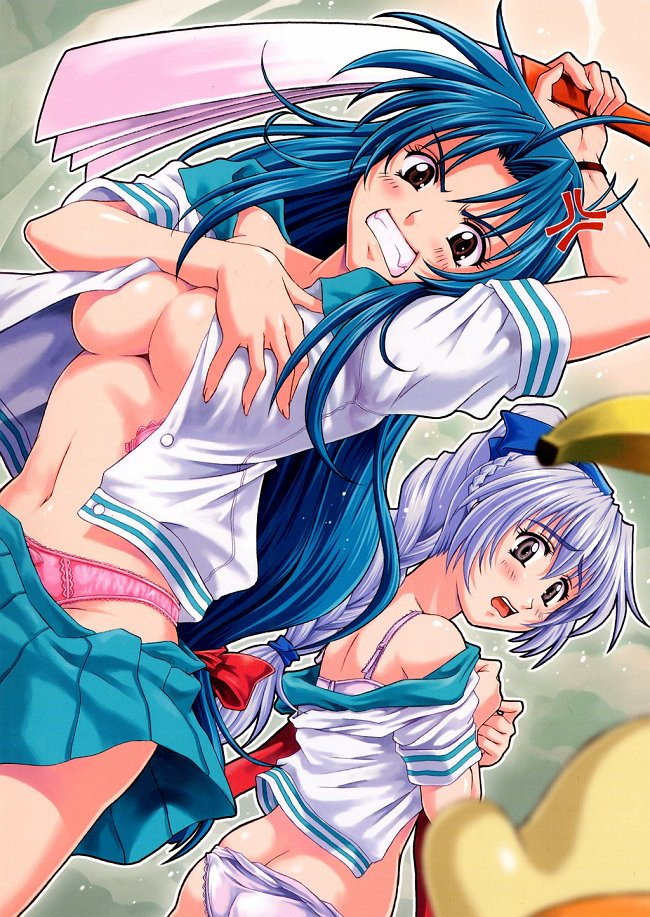 2girls angry bra braid breasts clothing female full_metal_panic kaname_chidori maruto multiple_girls open_clothes open_shirt panties school_uniform seifuku serafuku shirt skirt teletha_testarossa underboob underwear