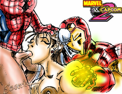 1girls 2boys capcom chun-li crossover eastern_and_western_character escoria fellatio female human interracial iron_man male marvel marvel_comics marvel_vs._capcom oral spider-man spider-man_(series) straight straight_hair street_fighter threesome white_background