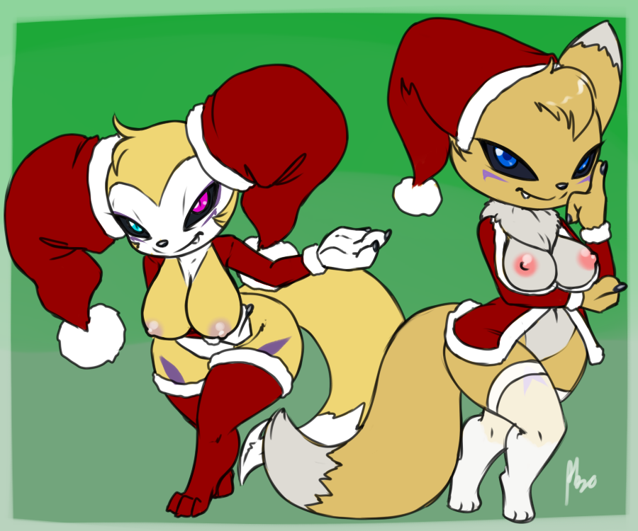 2girls 3_fingers 3_toes 6:5 anthro areola bandai_namco bent_over big_breasts black_sclera blue_eyes bottomless bottomless_female breasts canid canine chest_tuft christmas christmas_clothing christmas_headwear claws clothed clothing countershade_face countershade_torso countershading crossed_legs cute_fangs digimon digimon_(species) digital_media_(artwork) dipstick_ears dipstick_tail ear_markings exposed_breasts fakemon fan_character fangs feet female finger_claws fingers front_view fur furball gesture hat head_tuft headgear headwear heterochromia holidays huge_breasts hybrid impmon legwear looking_at_viewer mammal markings midriff multicolored_body multicolored_ears multicolored_fur multicolored_tail narrowed_eyes navel nipples nude partially_clothed presenting purple_eyes renamon renimpmon renimpmon_x santa_hat short_stack simple_background smile snaggle_tooth standing stockings tail tail_markings tan_body tan_fur teeth thick_thighs thigh_highs toes tuft two_tone_body two_tone_fur white_body white_fur wide_hips yakizu_asaki yellow_body yellow_fur