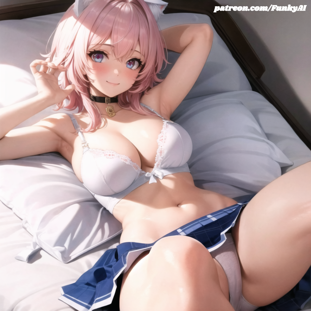 ai_generated bra cat_ears from_above funkylewdai happy honkai:_star_rail lying lying_on_back lying_on_bed march_7th_(honkai:_star_rail) on_bed panties pink_hair smile spread_legs white_bra white_panties