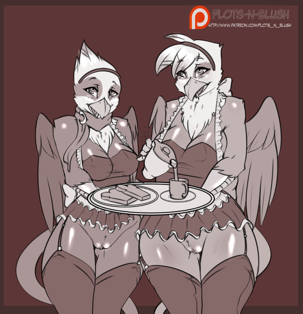 anthro anthrofied avante92 avian beak breasts brown_background clothed clothing duo feathered_wings feathers female friendship_is_magic gilda_(mlp) greta_(mlp) gryphon legwear maid_uniform monochrome my_little_pony patreon pussy simple_background skimpy thigh_highs uniform wide_hips wings