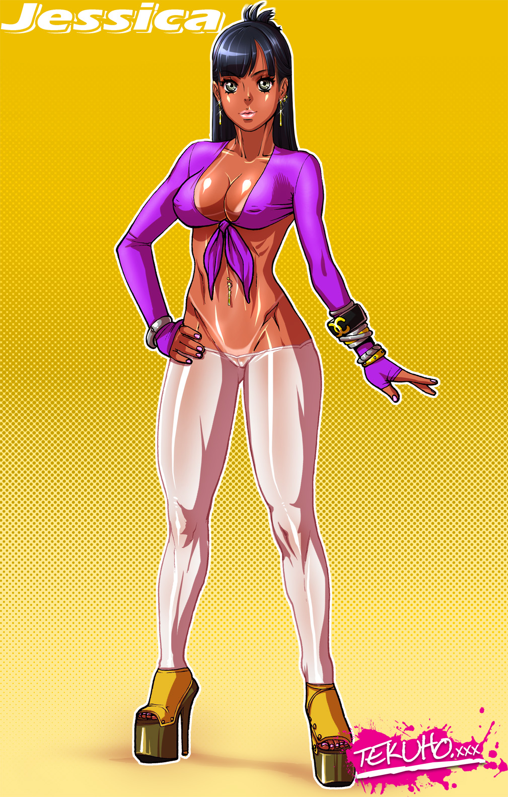 1girls, breasts, cameltoe, cleavage, female, female only, high heels, innie pussy, lowleg, navel piercing, nipple bulge, no bra, no panties, piercing, pussy, revealing clothes, skimpy, solo, source request, tanlines, tekuho