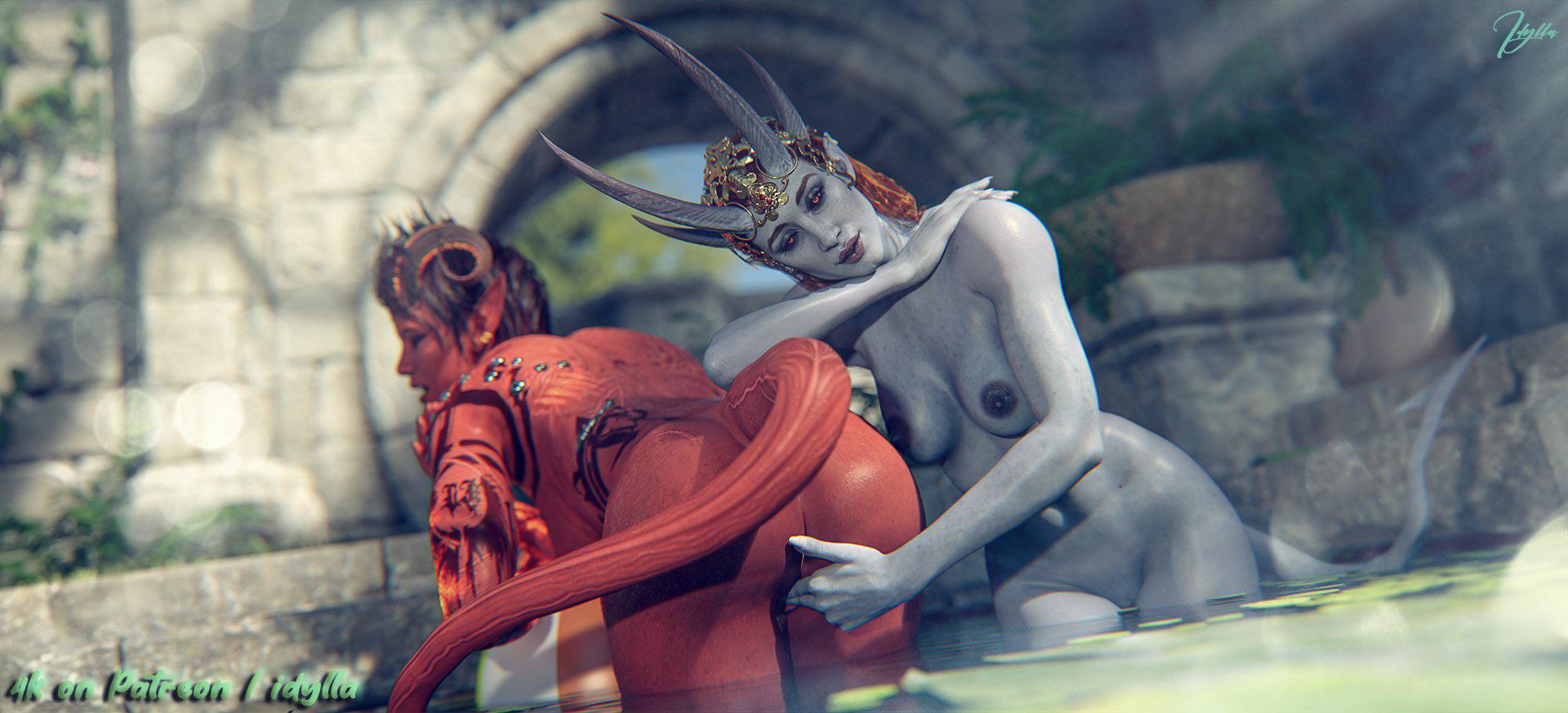 2girls, 3d, baldur's gate, baldur's gate 3, black hair, blue body, cambion, dungeons and dragons, female, female only, horn, idylla, karlach, mizora, multiple females, multiple girls, nude, red body, red hair, tiefling, yuri
