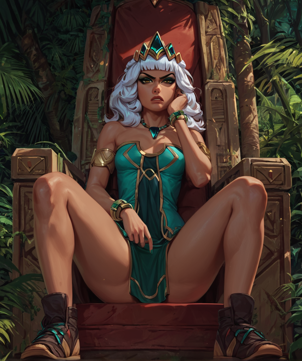 ai_generated angry dominant_female imminent_cunnilingus jungle knees_apart knees_apart_feet_apart league_of_legends macorony not_porn pointing_at_crotch qiyana_yunalai sitting sitting_on_throne viewed_from_below