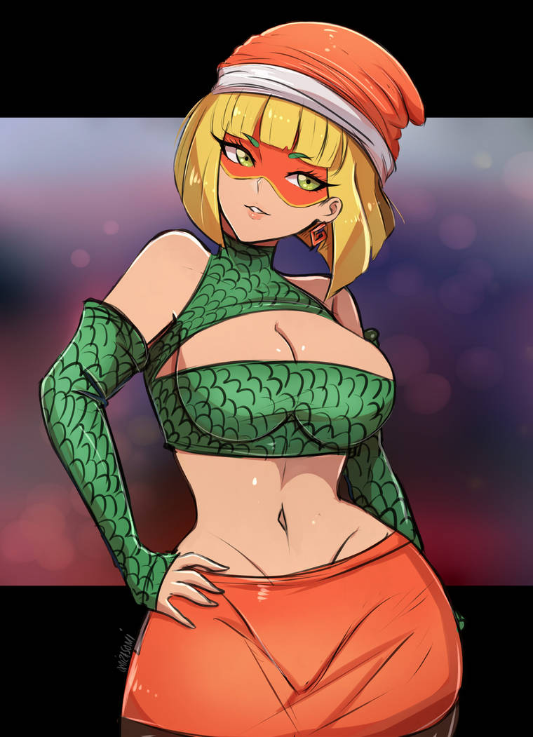 1girls arms_(game) blonde_hair breasts clothing_cutout crop_top detached_sleeves domino_mask earrings green_crop_top green_eyes hand_on_hip hat large_breasts looking_at_viewer mask midriff min_min_(arms) miniskirt navel nintendo omiza_somi orange_skirt short_hair skirt