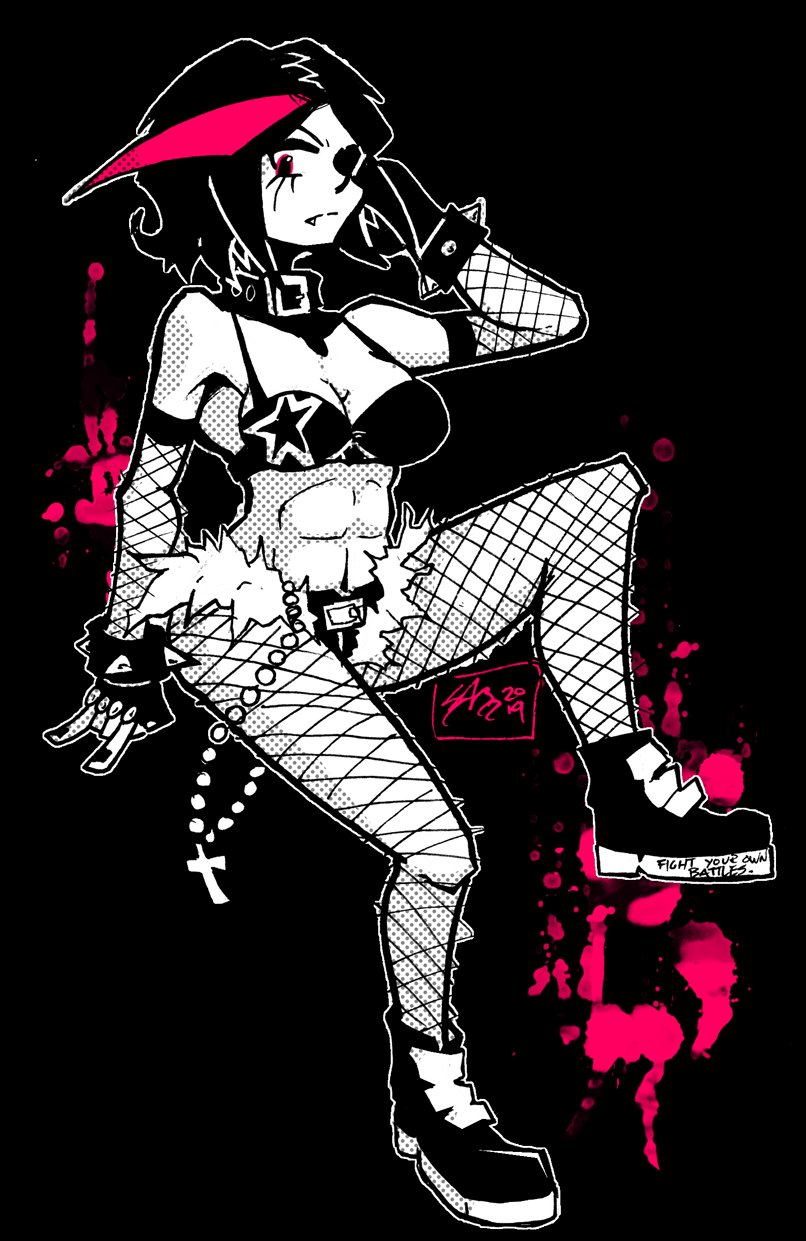 1girls abs black_hair blackwidow_apocalypse boots breasts capslockcrush curvaceous curvy curvy_body curvy_female curvy_figure female_only fishnets hourglass_figure izzy_fisher official_art official_artist pink_eyes pink_highlights ripped_clothing ripped_clothing ripped_shorts sharp_teeth thick_thighs thighs