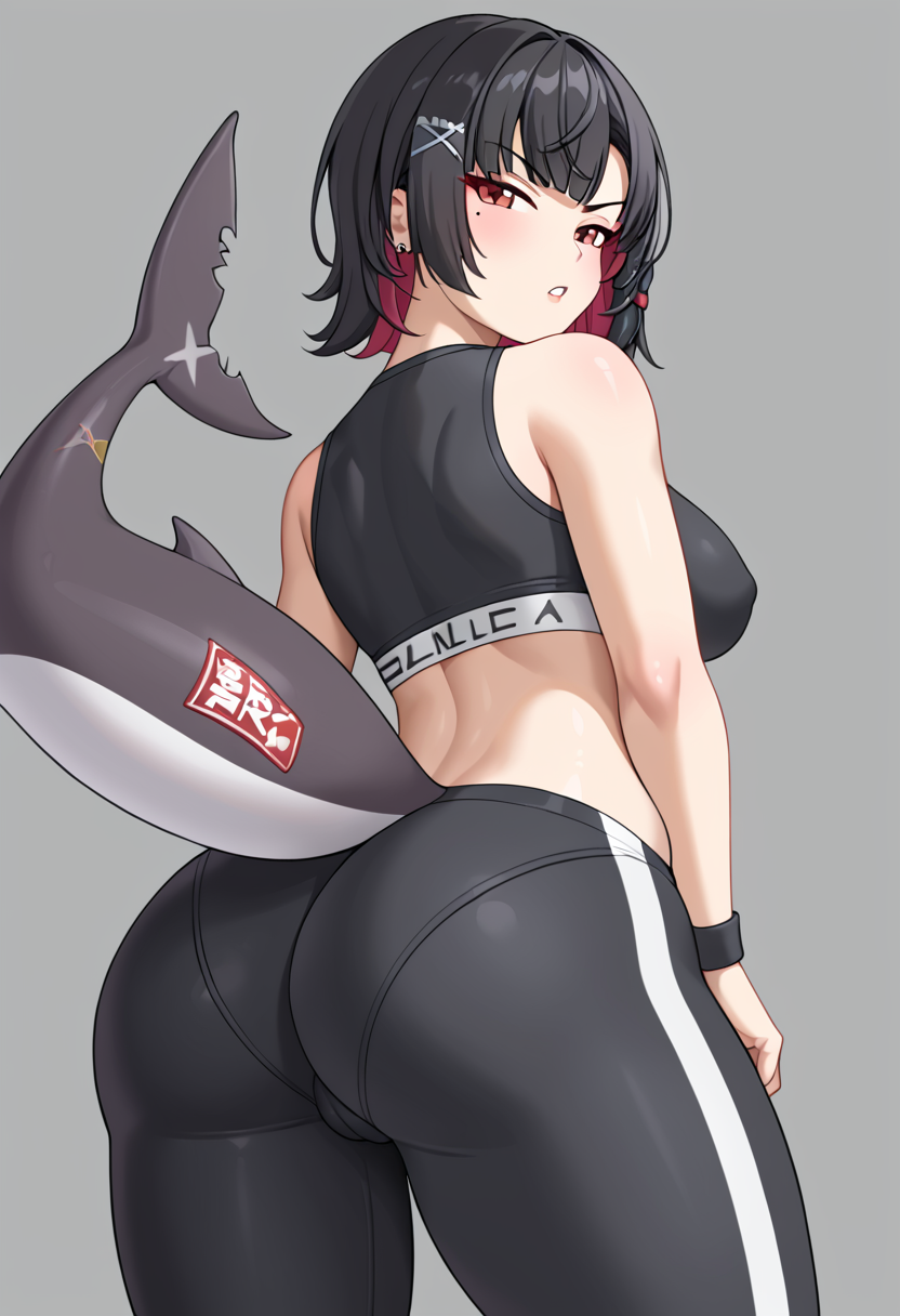 1girls ai_generated angry ass ass ass_bigger_than_breasts ass_focus big_ass big_butt black_hair breasts brown_eyes butt_focus camel_toe cameltoe crop_top ellen_joe female huge_ass huge_butt leggings looking_at_viewer looking_back onkomaker pantylines red_hair shark_girl shark_tail short_hair solo solo_female solo_focus sportswear tail thighs wide_hips wristband zenless_zone_zero