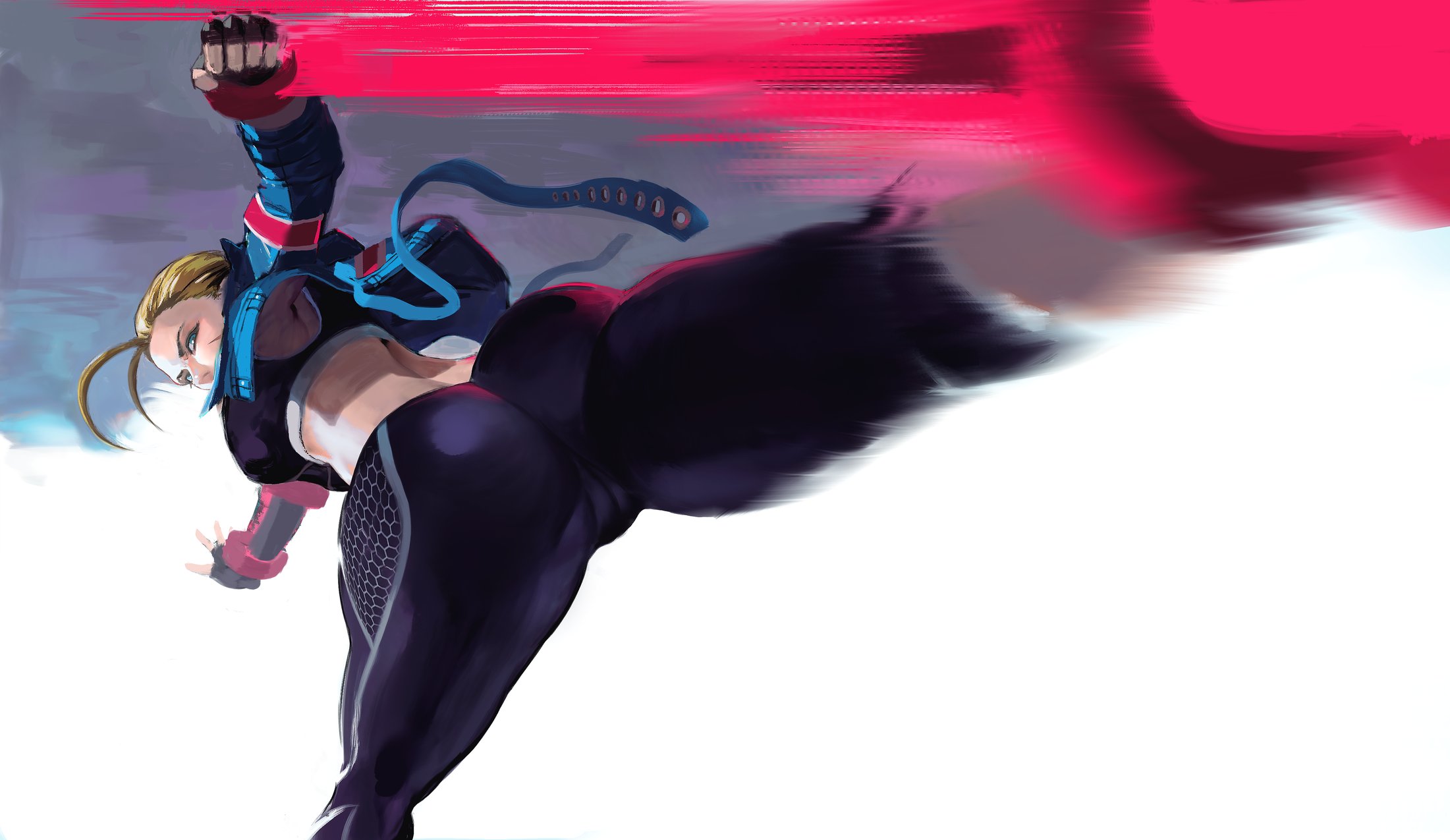 1girls, 2024, 2d, 2d (artwork), action pose, ass, big ass, blonde hair, blue eyes, cameltoe, cammy white, clothed, female, female only, fully clothed, kicking, kicking viewer, looking at viewer, looking back, mashingvaquita, midriff, pawg, questionable, solo, solo female, street fighter, street fighter 6, thighs