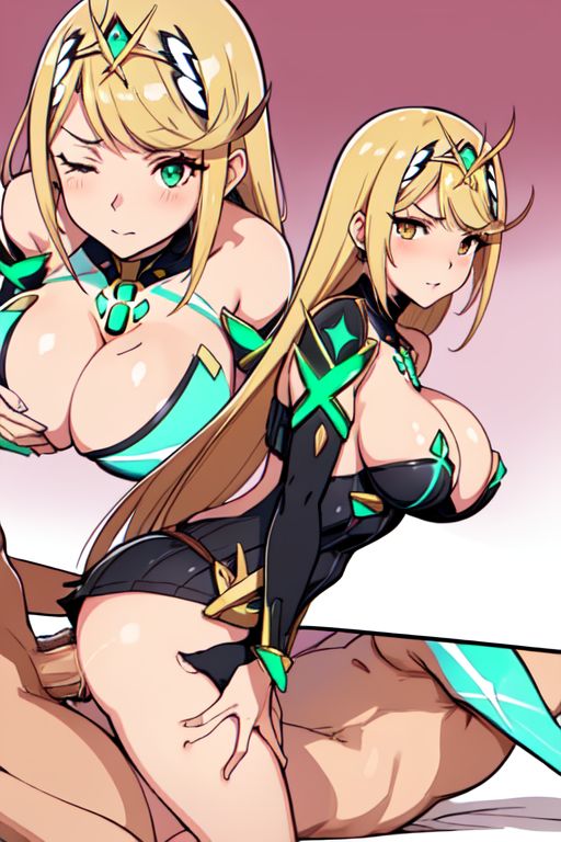 ai_generated big_breasts blonde_hair cleavage clothed clothed_sex clothing core_crystal long_hair looking_at_viewer multiple_views mythra mythra_(xenoblade) mythrafan65 reverse_cowgirl_position sex showing_breasts uncensored xenoblade_(series) xenoblade_chronicles_2