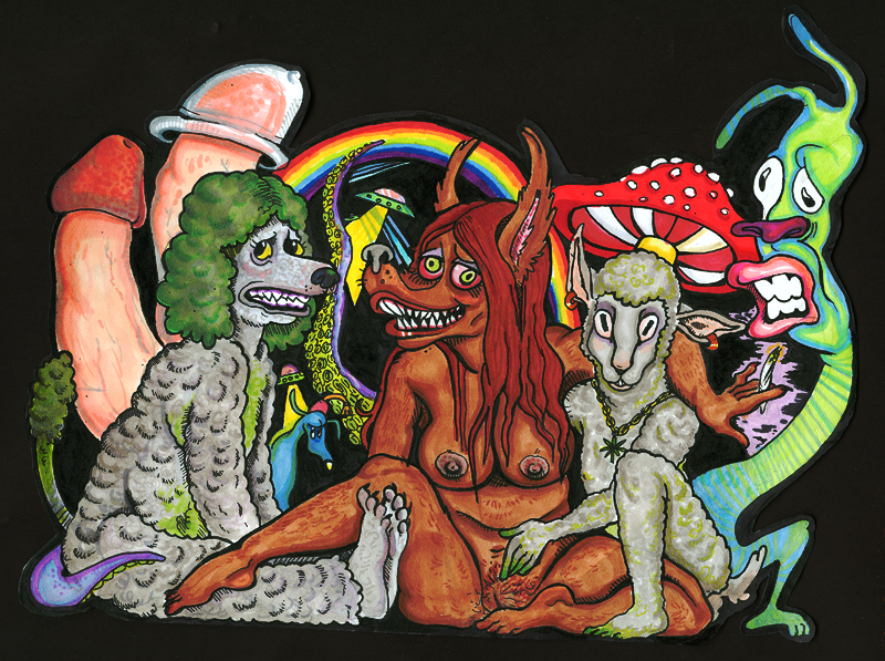 2009 anthro black_background blue_body blue_fur bovid breasts brown_body brown_fur brown_hair canid canine canis caprine condom domestic_dog drug_paraphernalia drugs female fur genitals green_body green_fur green_hair group hair male male/female mammal marijuana_blunt marker_(artwork) penis poodle pox_(artist) psychedelic pussy rainbow raw_as_fuck sexual_barrier_device sheep simple_background tentacle traditional_media_(artwork) ufo unknown_species van-weasel_(character) white_body white_fur