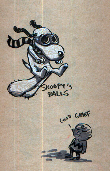 2007 anthro astronautilus balls beagle big_balls body_hair canid canine canis charlie_brown domestic_dog duo english_text eyewear flying fur genitals goggles hairy_balls human hunting_dog male male_only mammal monochrome peanuts peanuts_worldwide_llc scarf scent_hound simple_background snoopy text traditional_media_(artwork) white_body white_fur wildbrain