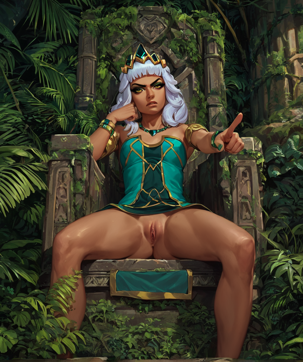 ai_generated angry bald_pussy bare_pussy dominant_female hairless_pussy imminent_cunnilingus jungle league_of_legends legs_apart macorony no_panties pointing_at_viewer pussy pussy_exposed qiyana_yunalai shaved_pussy sitting sitting_on_throne throne upskirt viewed_from_below