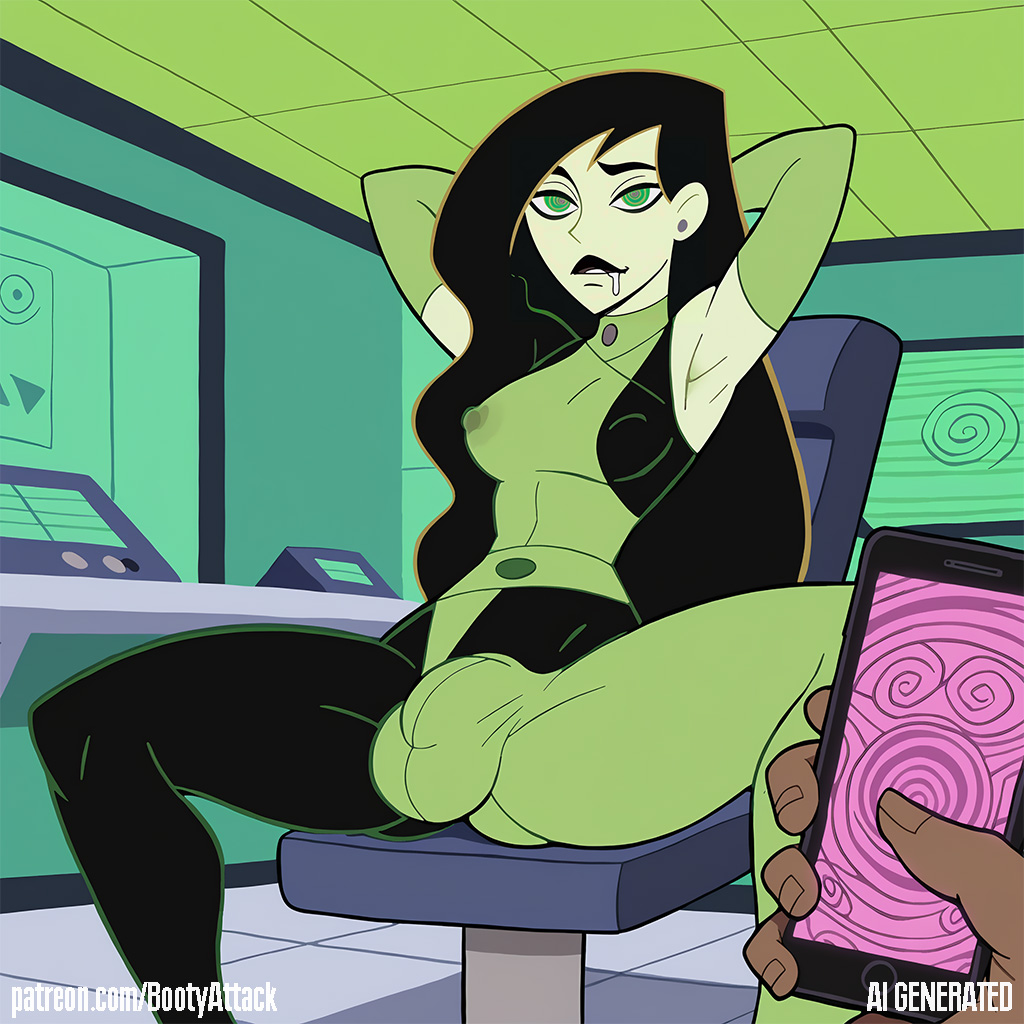 1boy, 1futa, ai generated, armpits, arms behind head, black hair, bodysuit, bootyattack, bulge, bulge through clothing, dark skin, dark-skinned male, dickgirl, disney, disney channel, drooling, futa sans pussy, futanari, goth, green eyes, green skin, hypnosis, hypnosis app, hypnotized, intersex, kim possible, long hair, looking away, male, pov, saliva, shego, spread legs, stable diffusion