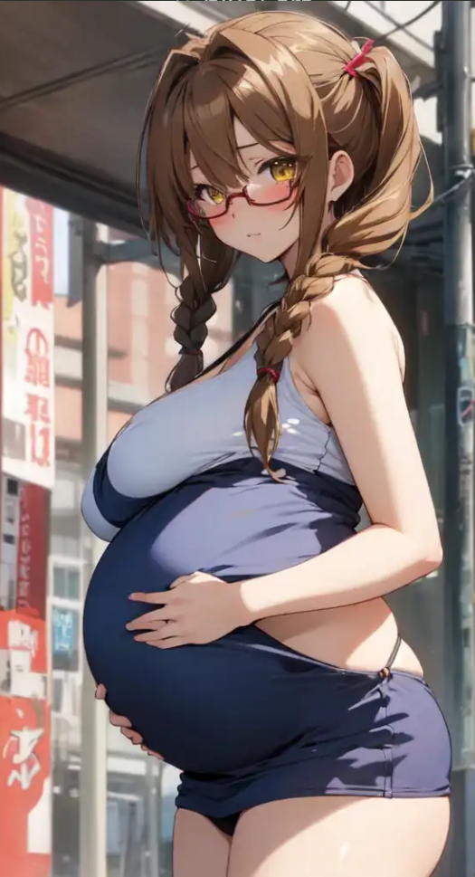 ai_generated bangs bangs_over_eyes braided_hair braided_twintails brown_hair covered_up glasses hair_clip hair_ribbon high_school_dxd holding_belly in_public kiryuu_aika maternity_dress pregnant pregnant_belly pregnant_female stretched_clothing stretchy yellow_eyes