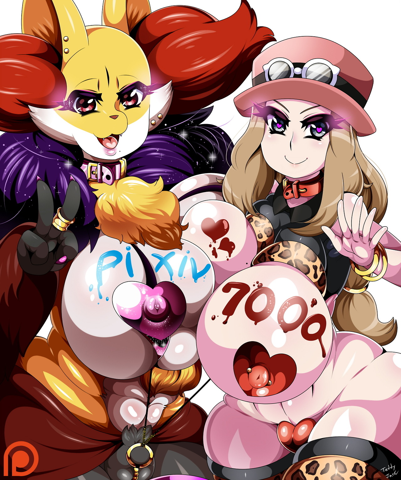 2girls, bodypaint, breasts, delphox, female, furry, huge breasts, human, multiple females, multiple girls, nintendo, pasties, pokemon, pokemon (game), pokemon (species), pokemon xy, pokephilia, serena (pokemon), teddy jack, text