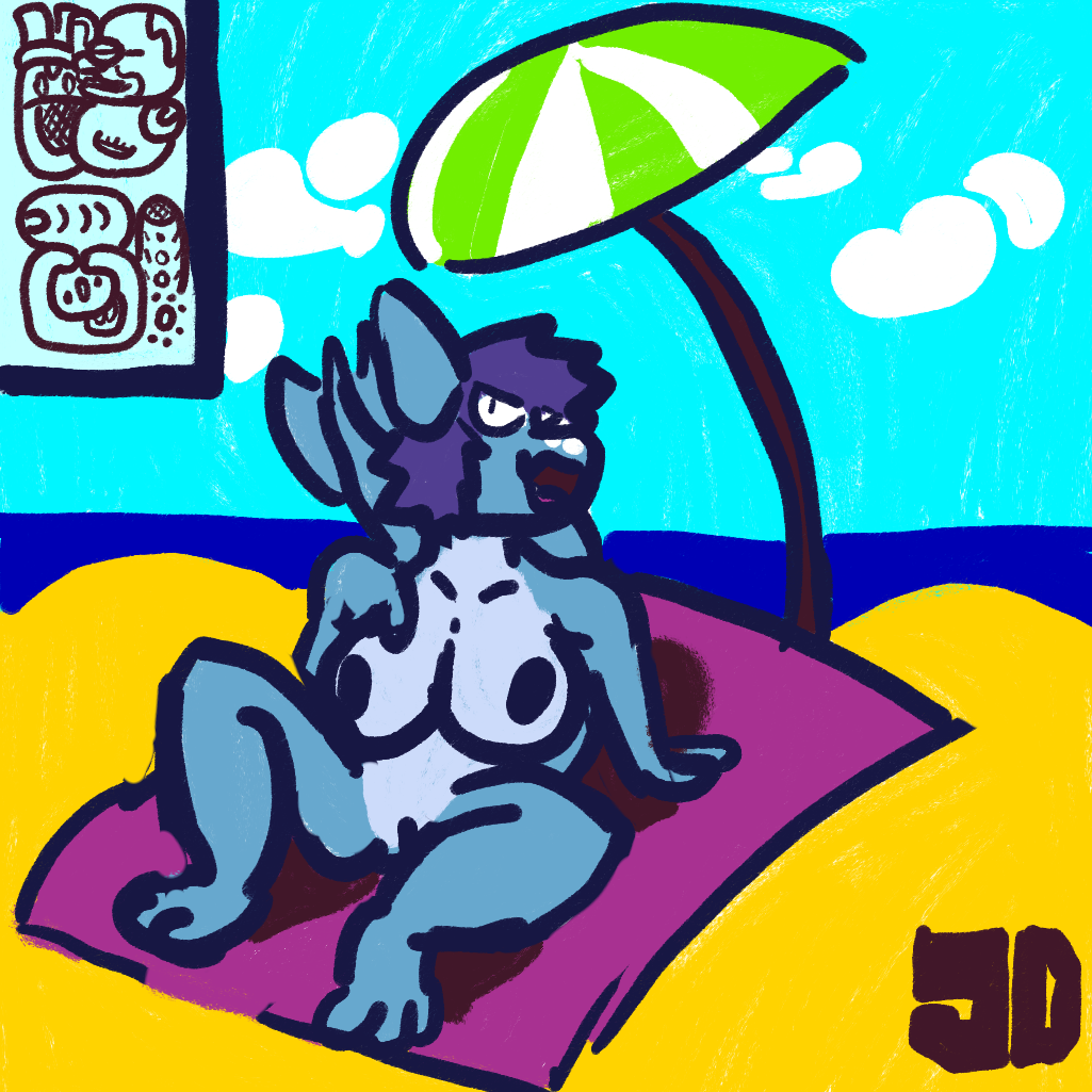 anthro beach big_breasts blue_body blue_sky breasts caption cloud female fish flat_colors hair jimothy_dickerman marine maya_script nipples nude open_mouth purple_hair reclining sand sea shaded shark signature simple_eyes simple_shading sky smile smiling_at_viewer solo sunscreen tail towel umbrella water