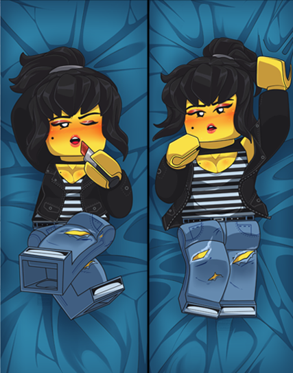 black_hair blush breasts cleavage girl lego lego_anatomy lipstick looking_at_viewer ninjago nya_(ninjago) ponytail shadman the_lego_ninjago_movie torn_clothing