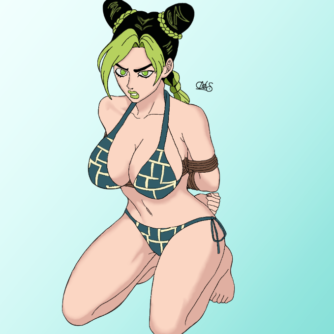 1girls angry angry_face annoyed annoyed_expression arms_behind_back arms_tied_behind_back bikini bikini_bottom bikini_top black_hair blue_background bondage breasts casn clothing commission double_bun eyebrows eyebrows_visible_through_hair feet female female_only green_eyes green_hair green_lipstick hair_bun human jojo's_bizarre_adventure jolyne_kujo kneeling kneeling_female knees_apart_feet_together legs legs_apart light-skinned_female light_blue_background light_skin lipstick looking_at_viewer mad mascara midriff navel restrained restrained_arms rope rope_bondage self_upload signature simple_background simple_coloring simple_eyes simple_shading solo stone_ocean string_bikini teal_background toes white_background