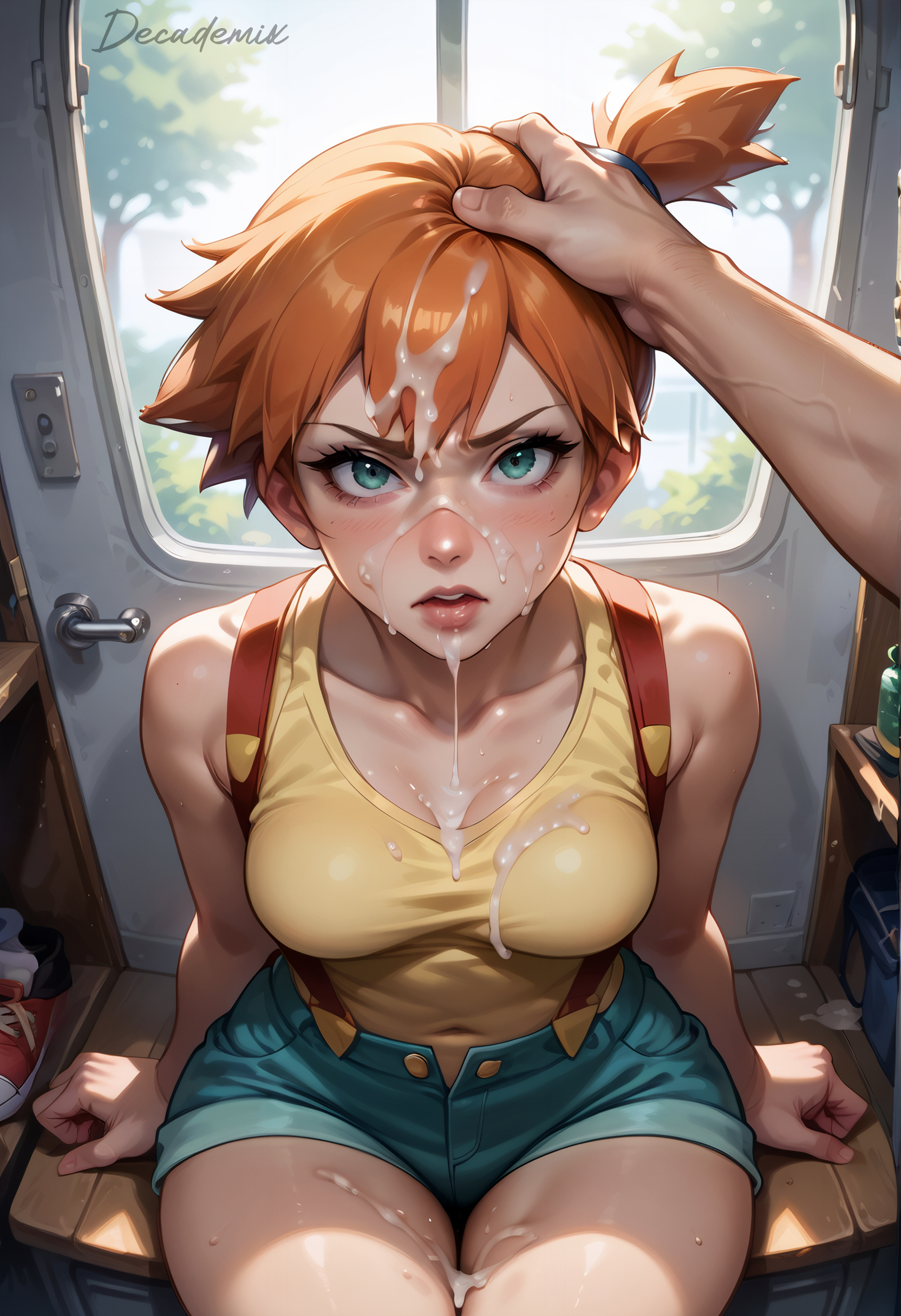 1boy, 1girls, after ejaculation, after fellatio, ai generated, blush, cum, cum in hair, cum on face, cum on upper body, decademix, female, green eyes, hand on another's head, kasumi (pokemon), male, navel visible through clothes, orange hair, pokemon, pov eye contact, side ponytail