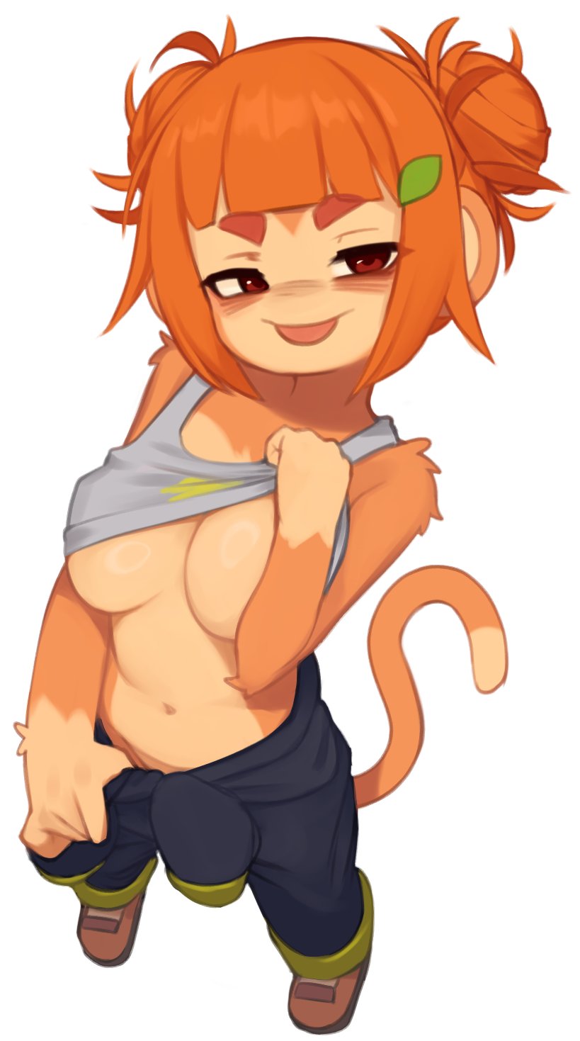 1girls big_breasts bloons_td_6 bloons_tower_defense blush brown_eyes brown_fur brown_hair fur looking_at_viewer partially_clothed presenting rosalia_(bloons_tower_defense) shirt_lift smile solo standing tail tongue_out yoako