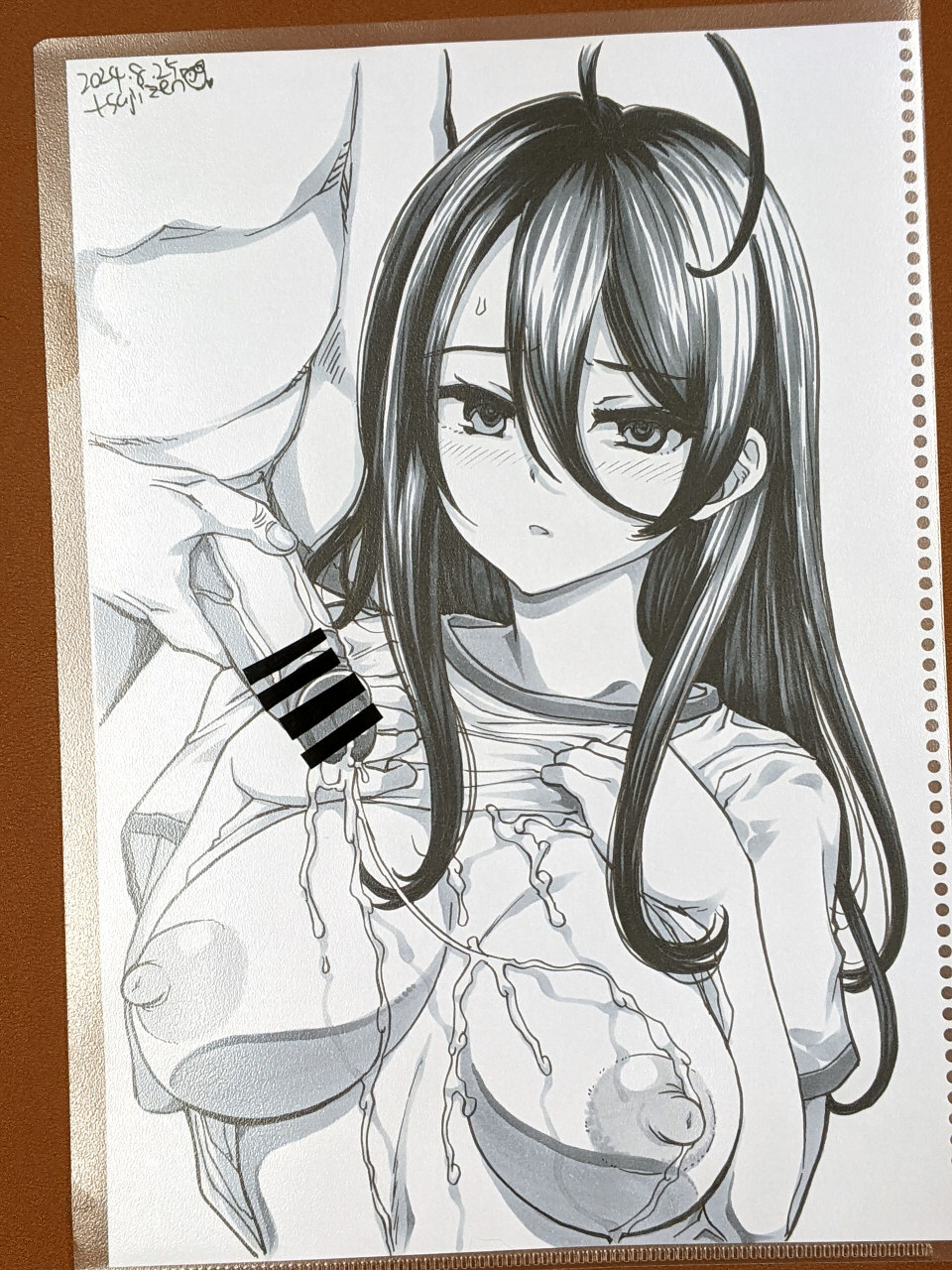 1boy ahoge bar_censor breasts censored clothes_lift cum_on_chest dated female greyscale gym_uniform hair_between_eyes highres kimishima_ayano large_breasts lifting_own_clothes long_hair monochrome nipples out_of_frame photo_(medium) shirt_lift signature simple_background tokidoki_bosotto_russian_de_dereru_tonari_no_alya-san traditional_media tsujizen underboob very_long_hair white_background