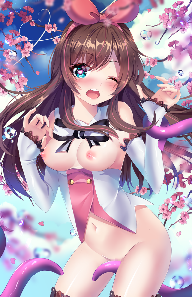 ;o a.i._channel artist_name bare_shoulders between_legs black_ribbon blue_eyes blue_sky blurry blush bottomless breasts breasts_out brown_hair censored cherry_blossoms cowboy_shot day depth_of_field detached_collar detached_sleeves female groin hair_ribbon heart heart-shaped_pupils heart_of_string highres kizuna_ai kizuna_ai_inc. long_hair long_sleeves looking_at_viewer medium_breasts mosaic_censoring multicolored_hair navel neck_ribbon nipples nose_blush one_eye_closed open_mouth outdoors pink_hair pink_ribbon ribbon round_teeth sky sleeves_past_wrists solo squchan standing stomach symbol-shaped_pupils teeth tentacle thighs two-tone_hair virtual_youtuber water_drop wrist_grab