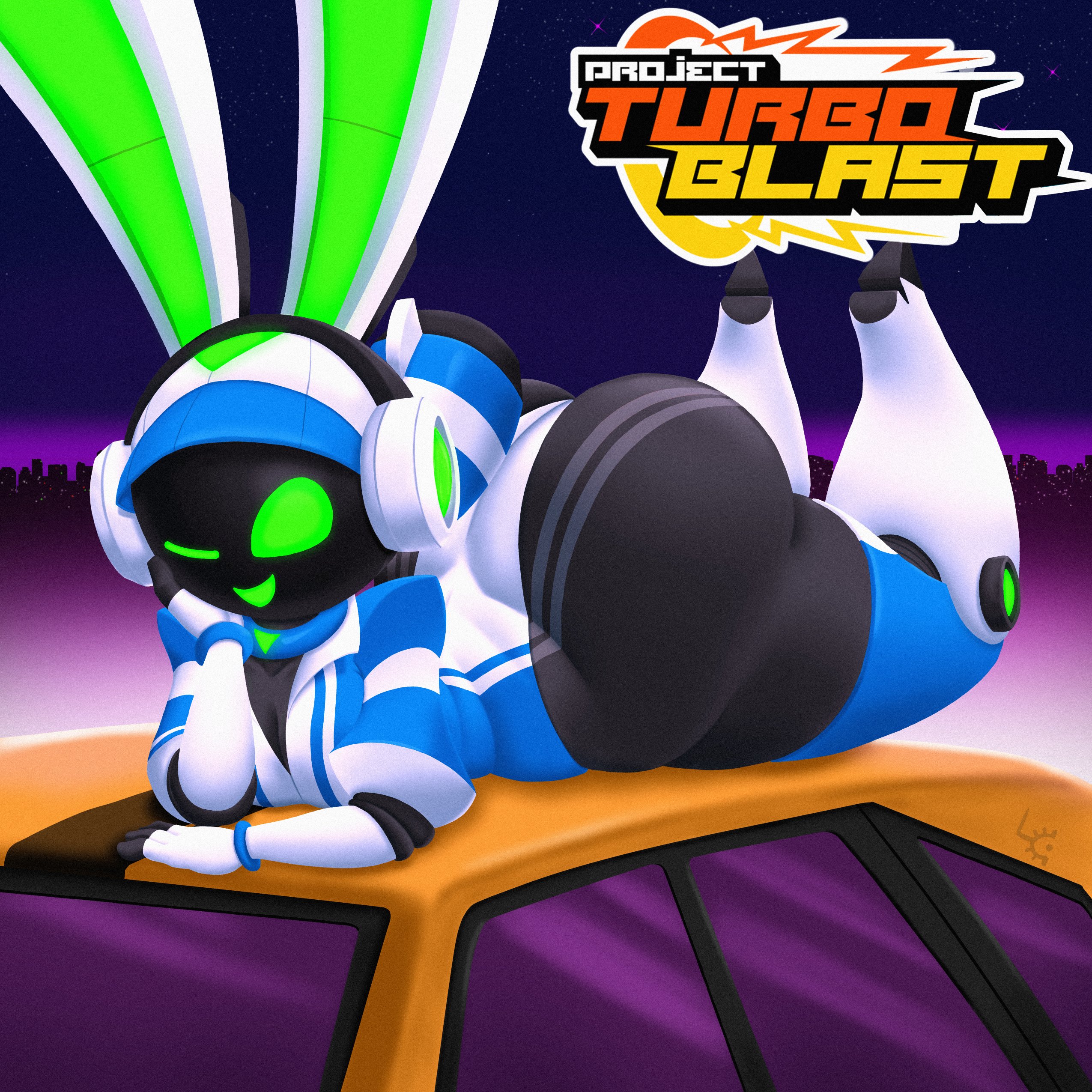 1girls, 4 fingers, ass bigger than head, big ass, bunny ears, car, cleavage, green eyes, head on hand, headphones, huge ass, hype ass, hyper, laying on stomach, logicalcogs, looking at viewer, on car, project turboblast, robot, robot girl, screen face, tail, tempo (project turboblast), the pose, thick thighs, thighs, thighs bigger than head, winking at viewer