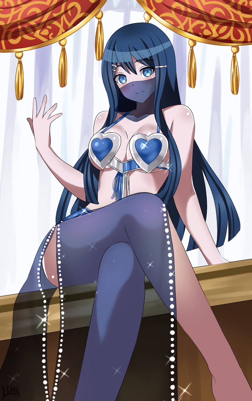 1girls arabian_clothes artist_request blue_bra blue_eyes blue_hair blue_pelvic_curtian bra breasts crossed_legs dancer dancer_outfit danganronpa female_only hairclip harem_outfit heart_bra heroofthehearts lewdkuma long_hair looking_at_viewer maizono_sayaka medium_breasts mouth_veil pelvic_curtain