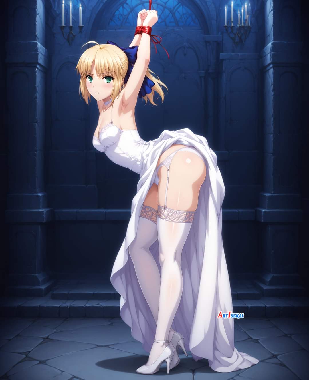 ai generated, artoria pendragon, ass, bent over, blonde hair, blue eyes, bondage, breasts, fate (series), fate/stay night, female, high heels, lingerie, long hair, long legs, looking at viewer, panties, slim waist, stockings, thick ass, thick thighs, thighhighs, tied hair, tied up, wide hips