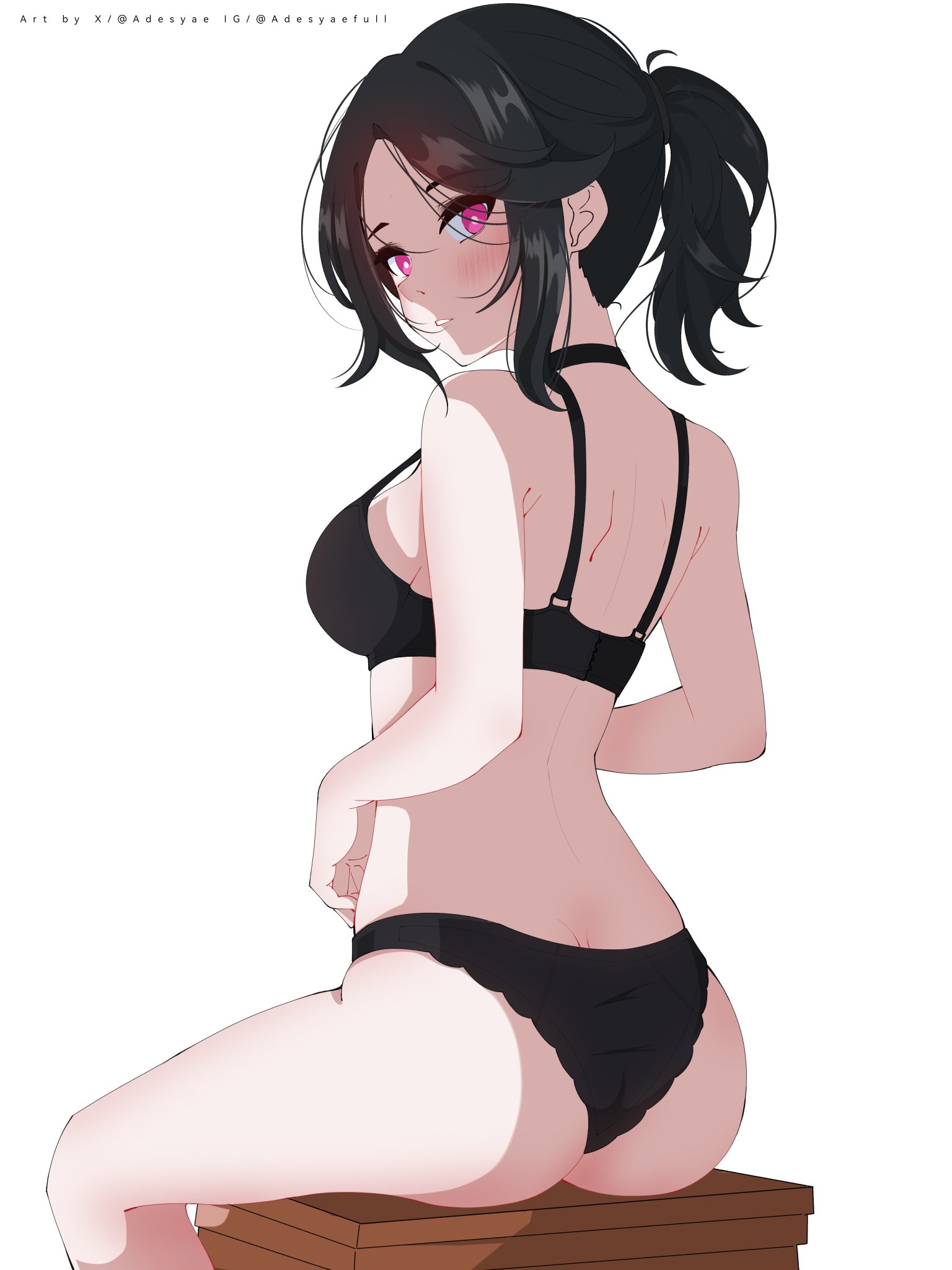 1girls, 2024, adesyaefull, artist name, ashley graves, ass, black bra, black hair, black panties, blush, bra, female, female only, highres, light skin, light-skinned female, lingerie, looking at viewer, panties, pink eyes, ponytail, short hair, sitting, solo, the coffin of andy and leyley, watermark