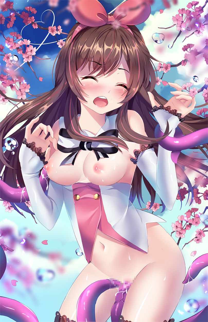 ;o a.i._channel artist_name bare_shoulders black_ribbon blue_sky blurry blush bottomless breasts breasts_out brown_hair censored cherry_blossoms closed_mouth cowboy_shot day depth_of_field detached_collar detached_sleeves facing_viewer female groin hair_ribbon heart heart_of_string highres kizuna_ai kizuna_ai_inc. long_hair long_sleeves medium_breasts mosaic_censoring multicolored_hair navel neck_ribbon nipples one_eye_closed open_mouth outdoors pink_hair pink_ribbon ribbon round_teeth sky sleeves_past_wrists solo squchan standing stomach sweat teeth tentacle thighs two-tone_hair vaginal_penetration veins virtual_youtuber vtuber water_drop wince wrist_grab