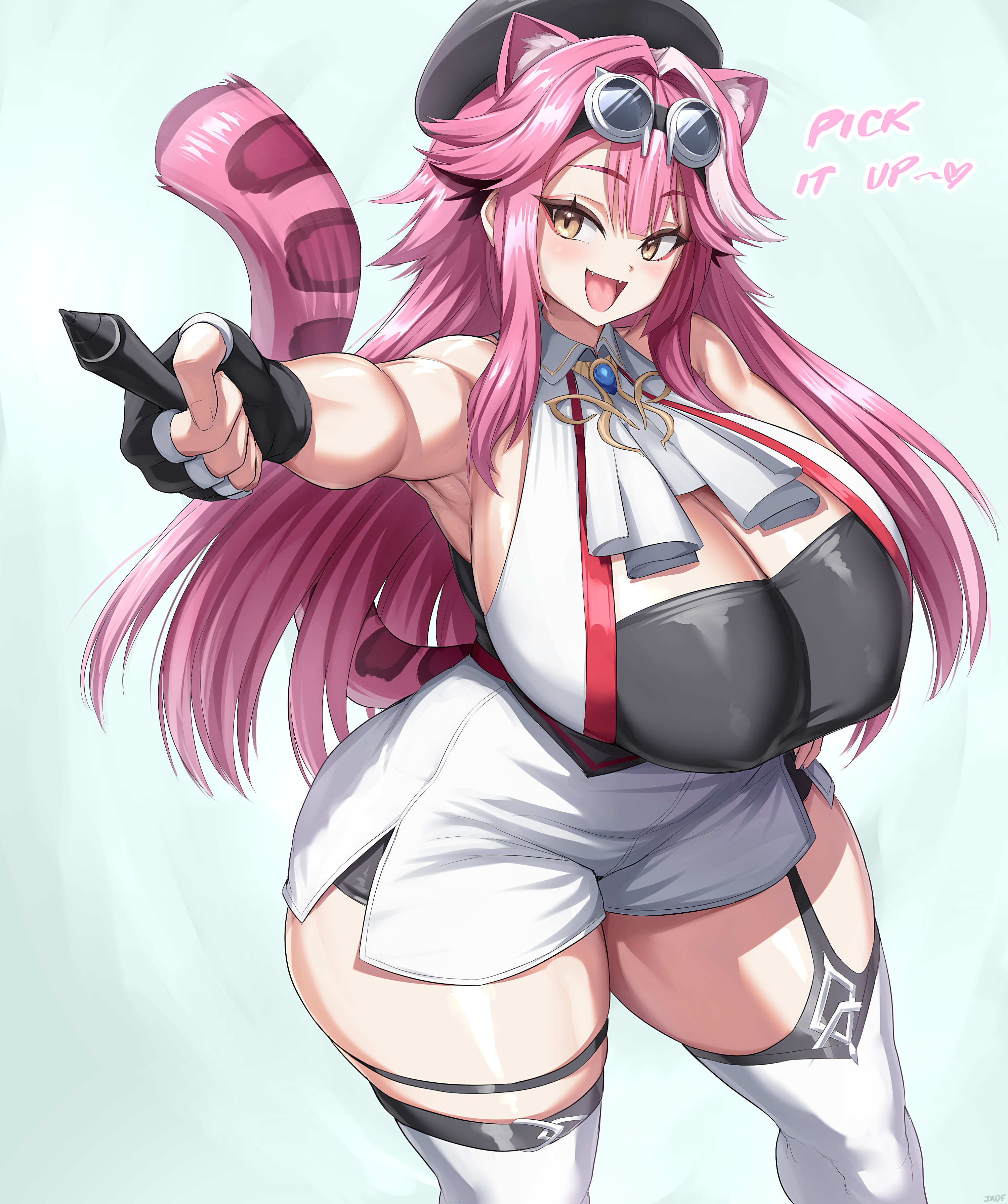 absurd res, animal humanoid, big breasts, biped, breasts, cleavage, clothed, clothing, curvy figure, dialogue, digital media (artwork), eyewear, eyewear on head, felid, felid humanoid, feline, feline humanoid, female, fully clothed, goggles, goggles on head, hair, hi res, hololive, hololive en, hololive english, hololive english -justice-, huge breasts, humanoid, jadf, legwear, mammal, mammal humanoid, nipple outline, open mouth, pupils, raora panthera, smile, solo, text, thick thighs, thigh highs, virtual youtuber, voluptuous, vtuber, wide hips