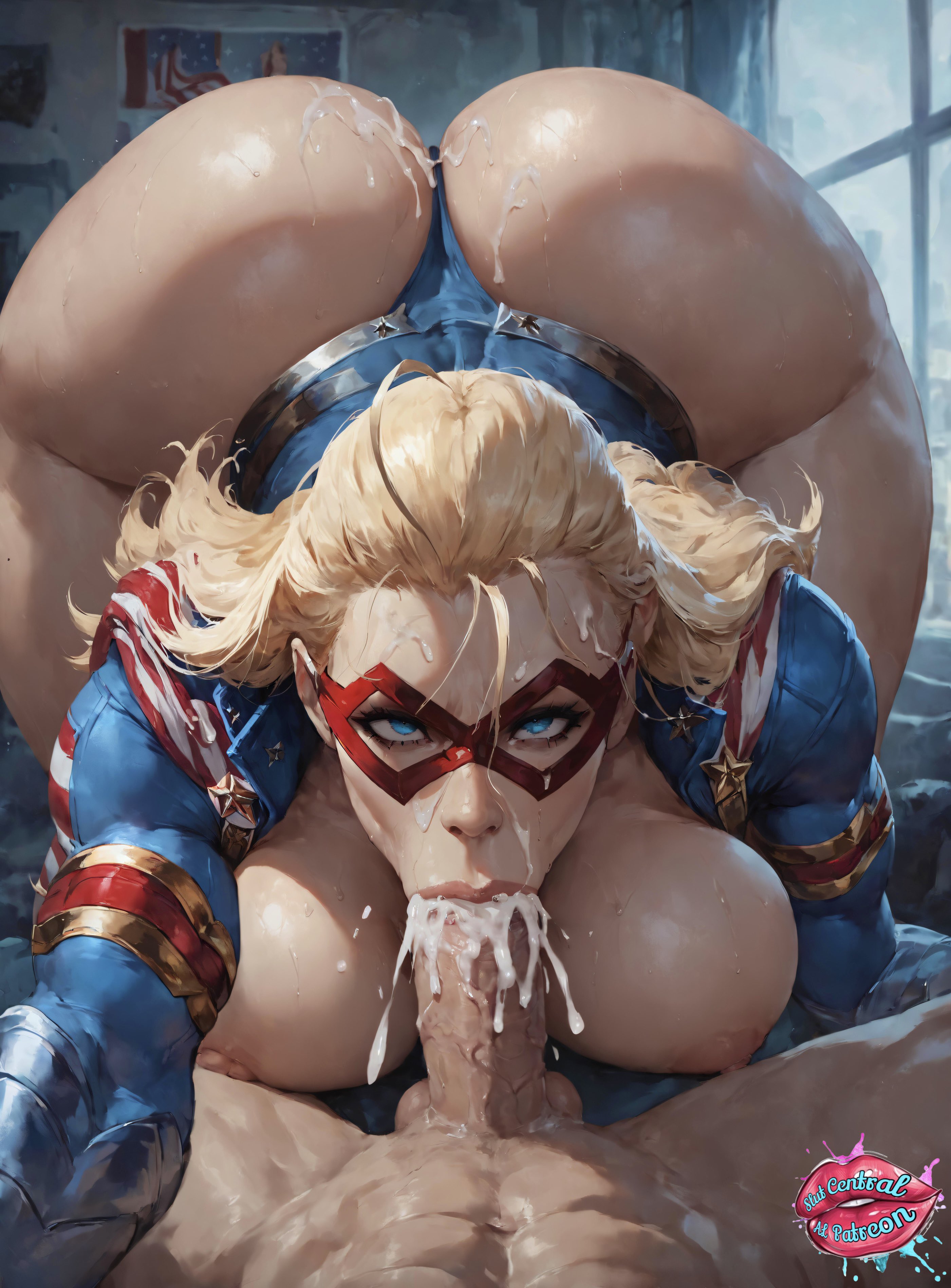 :>=, 1boy, 1girls, ai generated, areolae, ass, ass focus, ass up, big ass, big breasts, blonde hair, blowjob, bodysuit, boku no hero academia, breasts, cathleen bate, cum, cum in mouth, cum on penis, cumshot, ejaculation, ejaculation in mouth, faceless male, fellatio, female, huge ass, long hair, looking at viewer, male, my hero academia, nipples, penis, slutcentralai, star and stripe (my hero academia), tagme, wide hips
