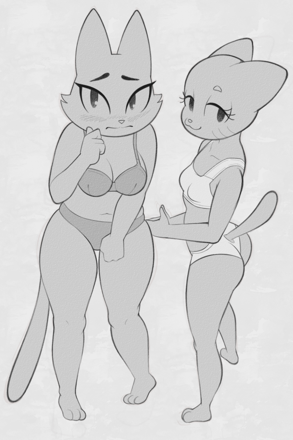 2:3, 2026, 2girls, 3 toes, 4 fingers, anthro, arms bent, ass, bare shoulders, barefoot, bedroom eyes, big breasts, big ears, big eyes, biped, blush, blush lines, blushing profusely, bra, breast size difference, breasts, butt, cartoon network, cheek tuft, closed smile, clothed, clothed anthro, clothed female, clothing, crossover, cutegraphite, cutout, digital drawing (artwork), digital media (artwork), domestic cat, duo, eyebrows, eyelashes, facial tuft, feet, felid, feline, felis, female, female only, fingers, fran (litterbox comics), fur, fur tuft, glistening, glistening eyes, grey background, greyscale, hands together, hi res, high-angle view, humanoid hands, iris, litterbox comics, long eyelashes, long tail, looking at viewer, looking up, looking up at viewer, mammal, markings, mature, mature anthro, mature female, mature woman, milf, monochrome, mouth closed, narrowed eyes, navel, nicole watterson, no pupils, panties, plantigrade, pointy ears, prick ears, raised heel, seductive, shy, simple background, small breasts, smile, smiling at viewer, snout, standing, tail, textured background, the amazing world of gumball, thick eyebrows, thick thighs, toes, tuft, underwear, underwear only, whisker markings