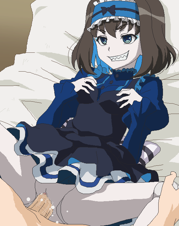 black_bow black_dress bow breasts brown_hair censored dress garie_tuman hair_between_eyes headdress long_sleeves lying missionary mosaic_censoring nipples on_back penis pussy pussy_juice senki_zesshou_symphogear sex sharp_teeth small_breasts spread_legs straight striped striped_bow teeth tomu_(tomubobu) vaginal_penetration