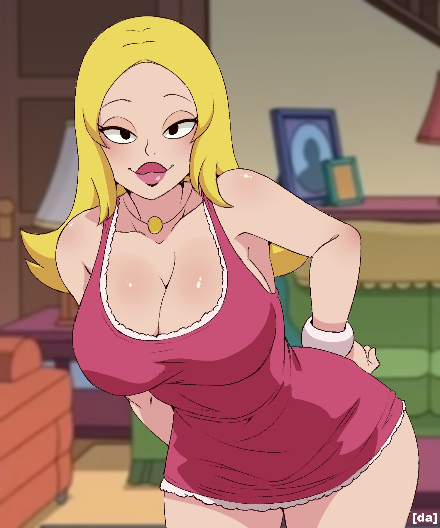 1girls, american dad, armwear, big breasts, big lips, bimbo, blonde hair, blue eyes, bracelet, breasts, cleavage, clothing, dalley le alpha, dress, female, female only, francine smith, hair, hand on hip, hips, huge breasts, lips, long hair, mature, mature female, mature woman, milf, mother, necklace, neckwear, pink dress, solo, solo female, thick lips, wide hips