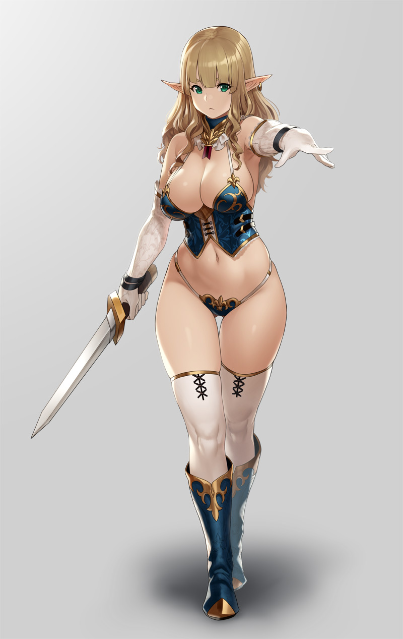 1girls, ass visible through thighs, bangs, bare shoulders, boots, breasts, brown hair, cleavage, corset, elf, female, female only, gloves, green eyes, houtengeki, jewelry, large breasts, long hair, looking at viewer, navel, original, panties, pointy ears, simple background, solo, standing, sword, thighhighs, underwear, weapon