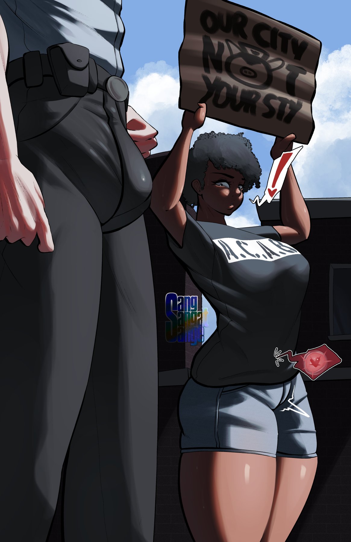 1boy, 1girl, 1girl1boy, 1girls, acab, african female, artist logo, bleached, blue sky, booty shorts, bulge, bulge awe, bulge through clothing, bulge under clothes, clouds, cock hungry, cock shock, cop, curly hair, dark skin, dark-skinned female, female, fertile, huge bulge, light skin, light-skinned male, looking at another, looking at bulge, ovulation, ovum, ovum with heart, penis awe, police, police officer, police uniform, protest sign, quiver, sangsangatsange, secretly loves it, shirt, sole female, sole male, spoken exclamation mark, t-shirt, tagme, thick lips, tremble lines, tremble spikes, trembling, trembling for pleasure, twitter link
